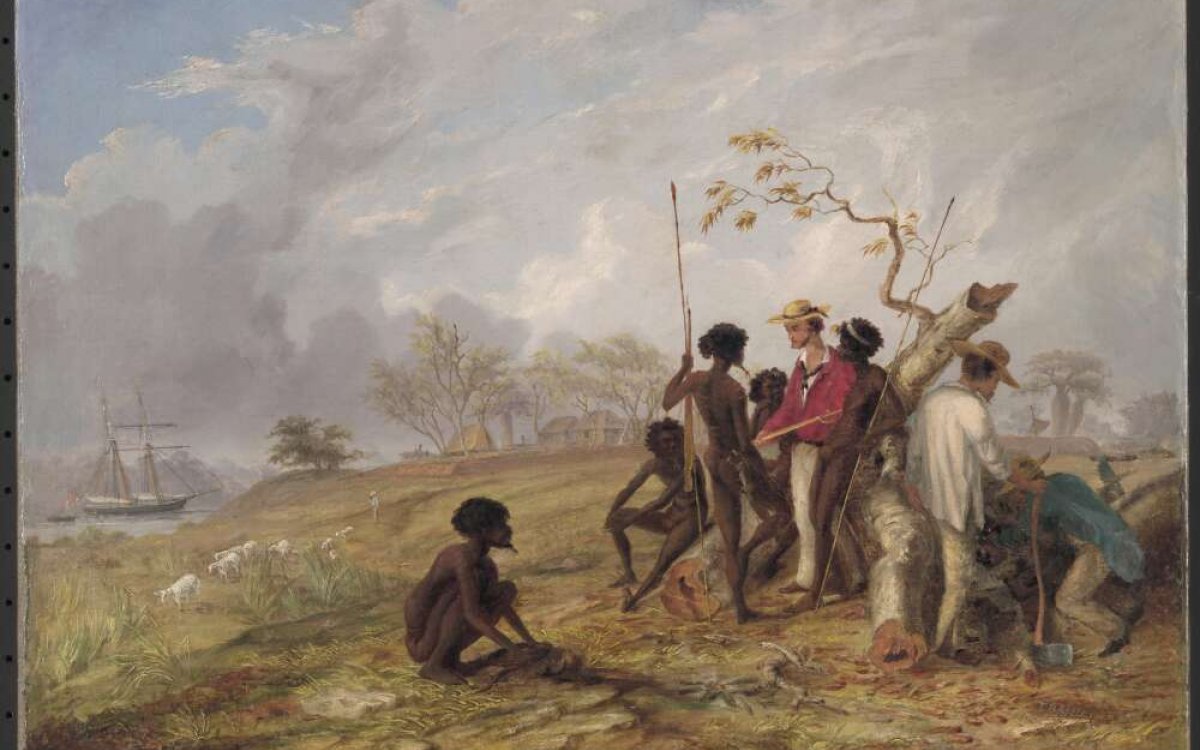 A scene showing a group of people sitting and standing around a felled tree. Five of the men appear to be Indigenous Australians. Three are standing, one leaning on a spear. The other two are seated. Three other men stand near the tree as well. One is in conversation with the man leaning on the spear. The other two are doing something behind the tree, one has an axe. Their faces are are not shown to the viewer. A tall European sailing ship can be seen int he distance.