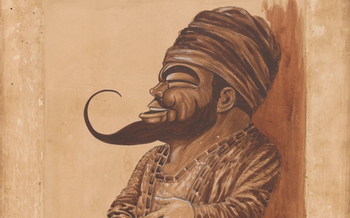 A caricature sketch of a man with a long pointy beard. He has an unusually large head and a small body. He is laughing. He is wearing a turban and a robe and slippers.