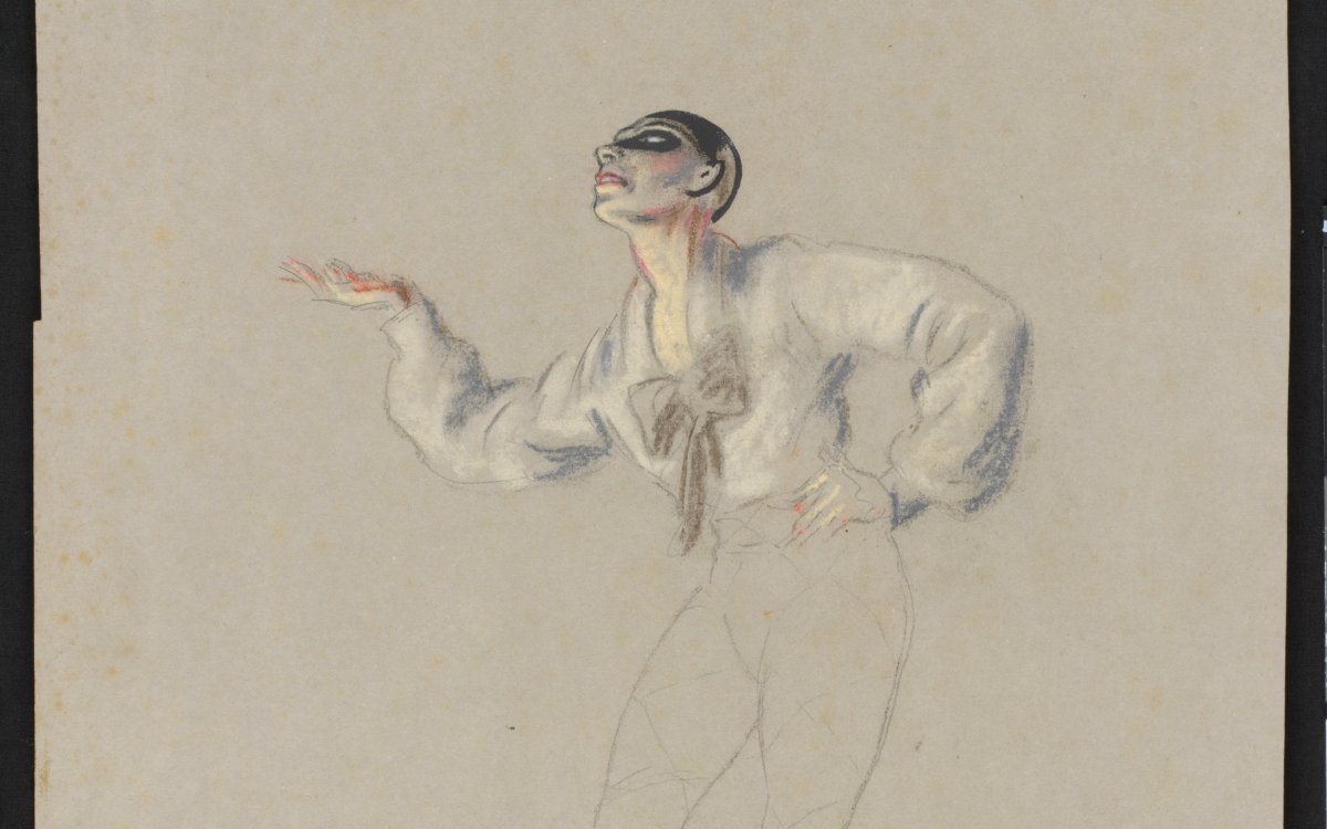 An unfinished sketch of a dancer striking a pose. He is wearing a white blouse, his legs are not finished. He has highly contrasting makeup on.