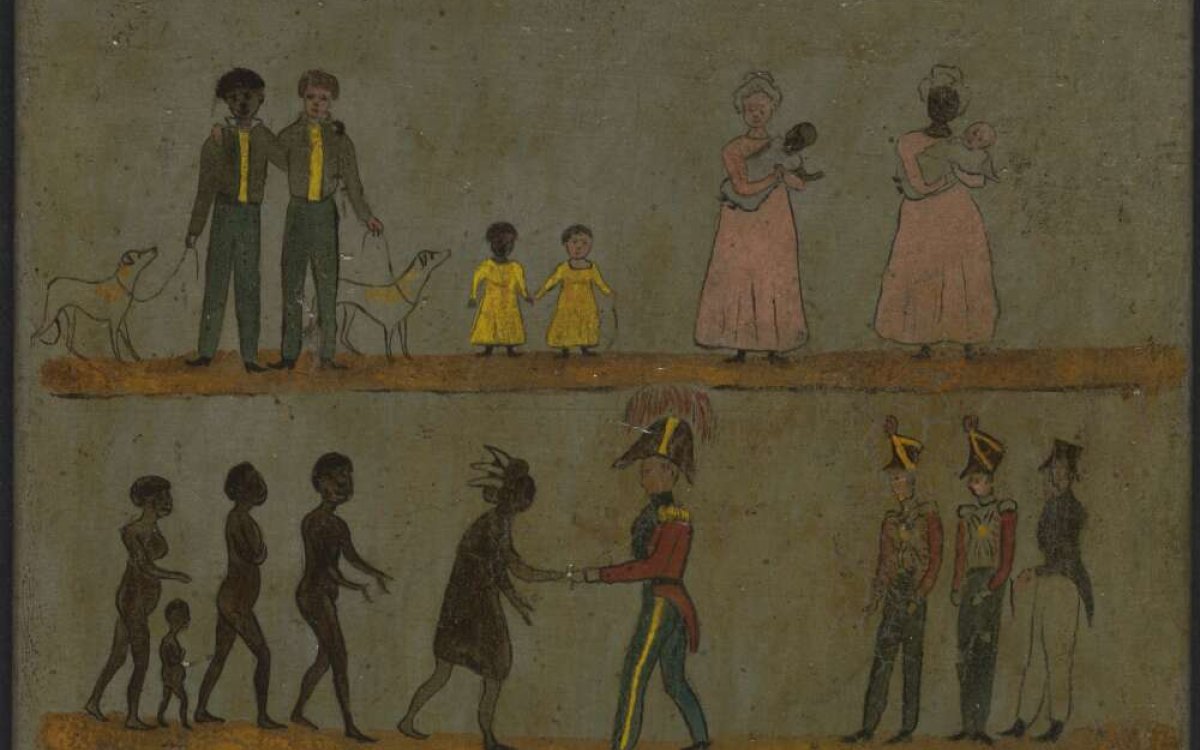 A series of simple drawings depicting people. The people are Indigenous Australians, European civilians and European men in military uniform. The images depict a series of events and outcomes of those events. The bottom two series shows an Indigenous man spearing a European man. In the next scene, the Indigenous man is being hung from a tree by the officers. In the following series the roles are reversed. The European man is shooting the Indigenous man. in the next image, the European man is being hung.
