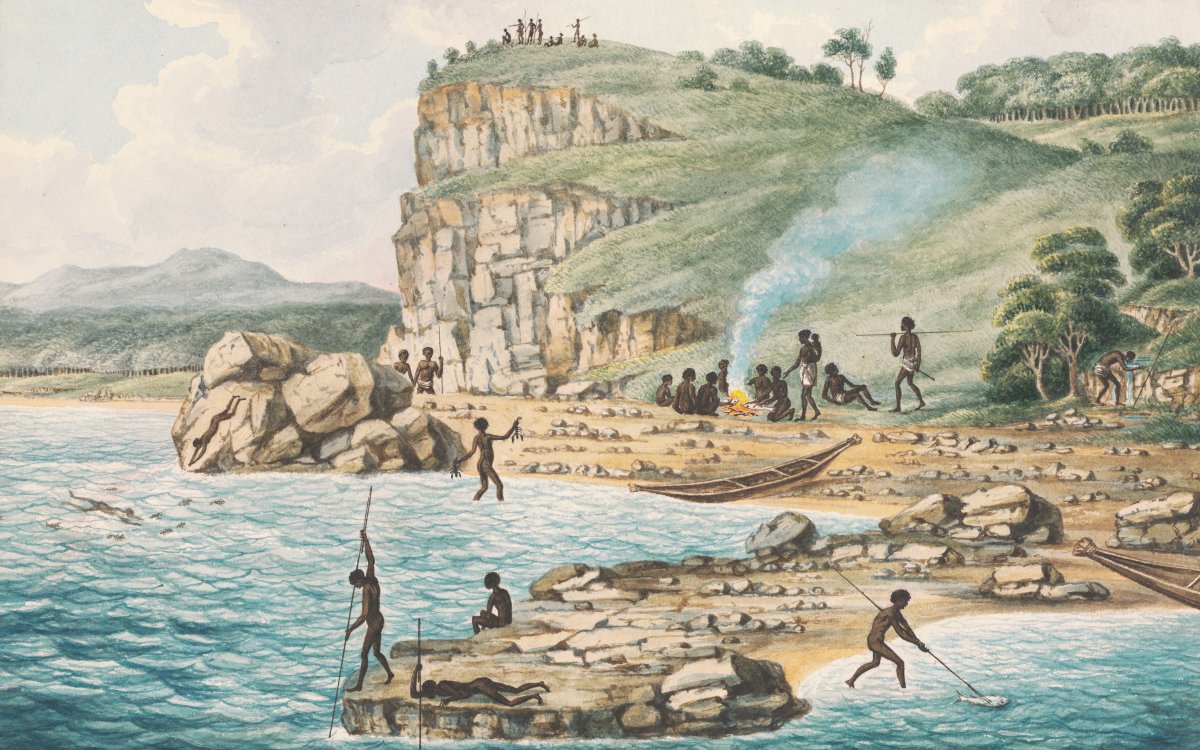 A watercolour image depicting a coastal landscape. A tall cliff rises from the sea int he background. Many First Nation's people are depicted going about activities such as fishing, preparing food and hunting.