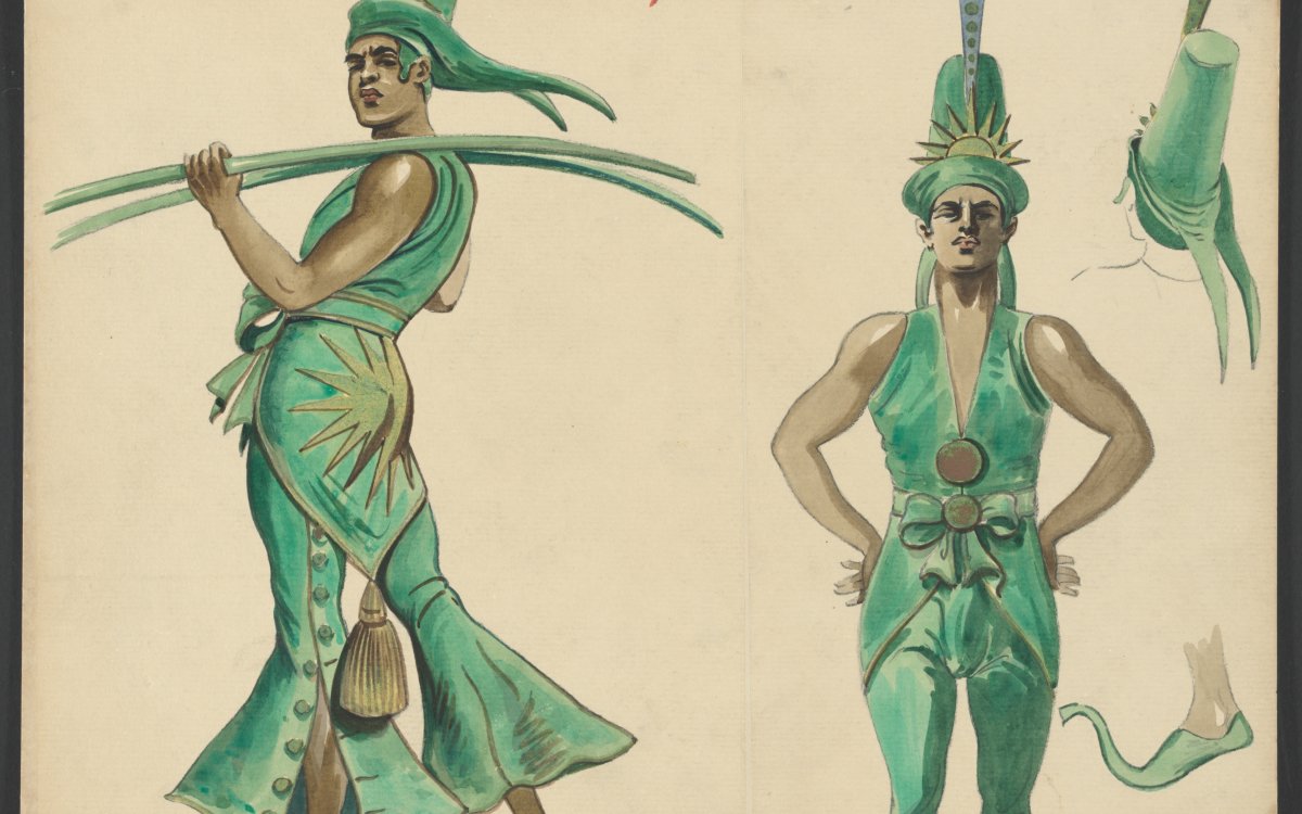 A watercolour sketch of a costume being modelled from different angles. The costume is green and flowing. There are green pointed shoes and a tall cone shaped hat. The person modelling the costume is also carrying green sticks or swords.