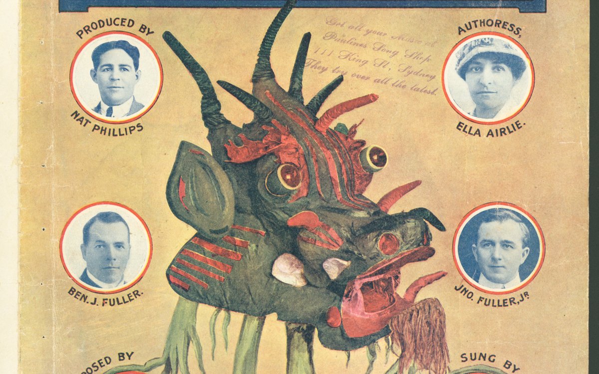 A book cover of the performance Bunyip. An image of an imagined bunyip takes up the centre of the cover. It looks vaguely like a Chinese dragon crossed with a pig and a cow. It is green and red. Surrounding the Bunyip head are inset portraits of the author, composer and other persons connected with the performance.