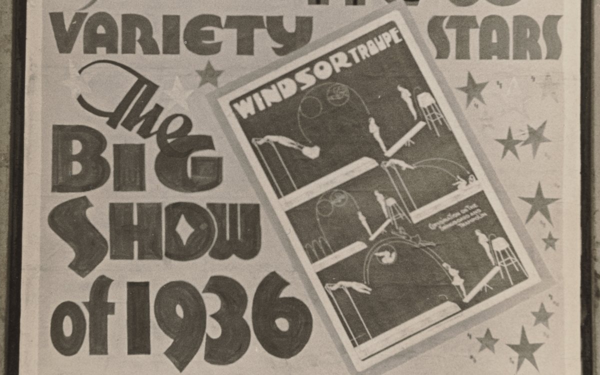 A black and white photograph of a billboard advertising the "Big Show of 1936", a variety performance