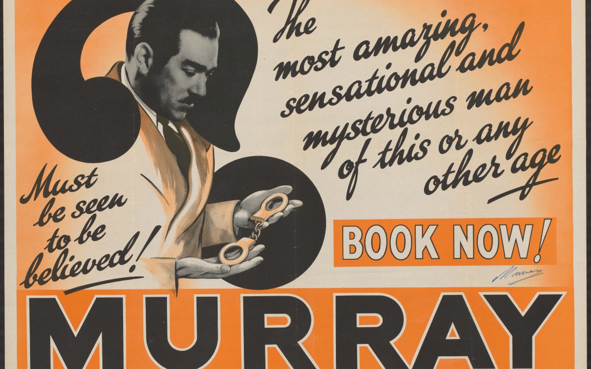 A large poster advertising MURRAY. A man holds a pair of handcuffs, he is looking at them seriously. The man is intertwined with a question mark. The background is a white circle that becomes more orange radiating out from the middle.
