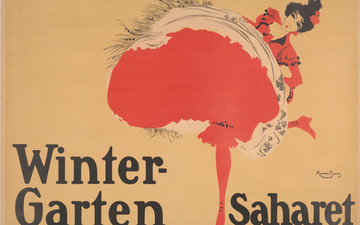 A poster advertising dancer Saharet, who will be performing at the Winter-Garten. The poster is taken up by a woman dancing in a large red dress, red shoes and red stockings. She has black hair in a bun with a red flower in it.