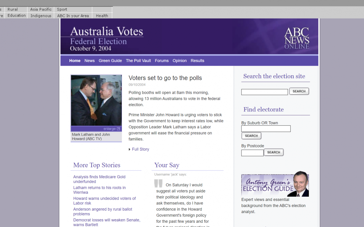 Screenshot from the ABC News website showing coverage of the 2004 Federal election with an image of Mark Latham and John Howard shaking hands.