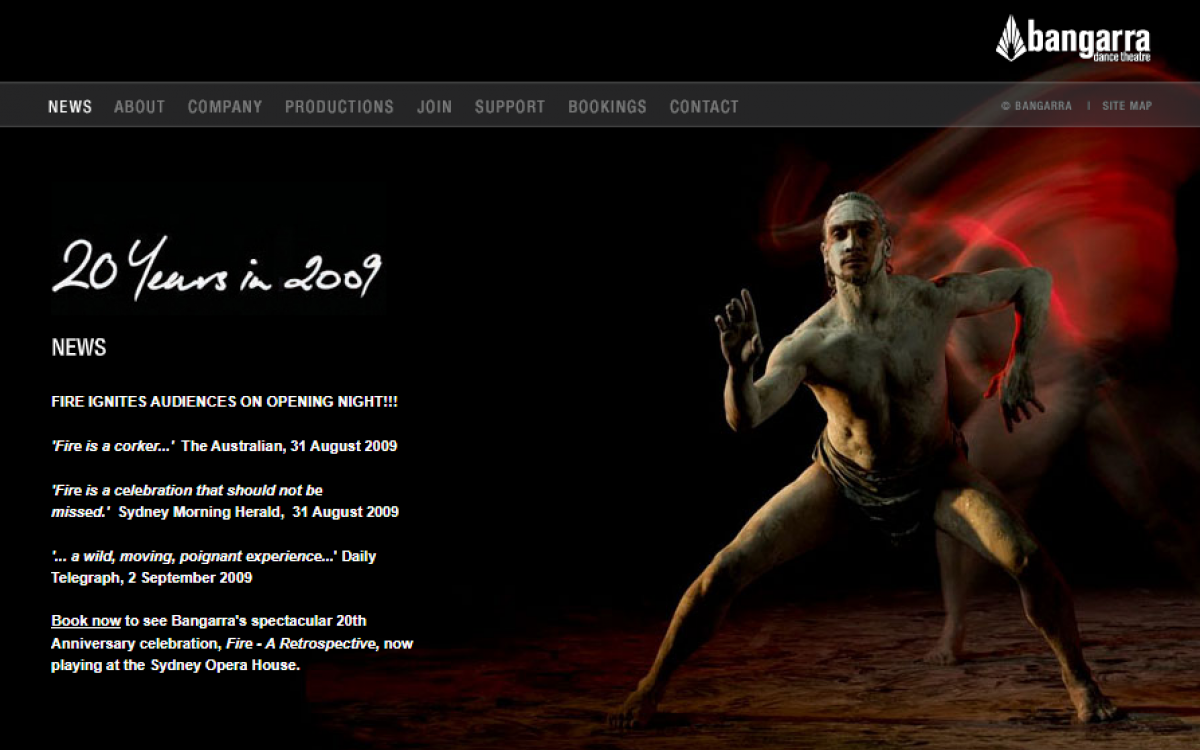 Screenshot from the Bangarra Dance Theatre website featuring an image of a male dancer.