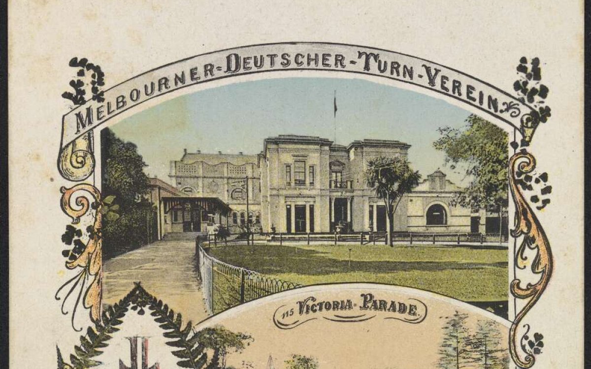 A small drawing or print advertising the Melbourne German Gymnastics Club.