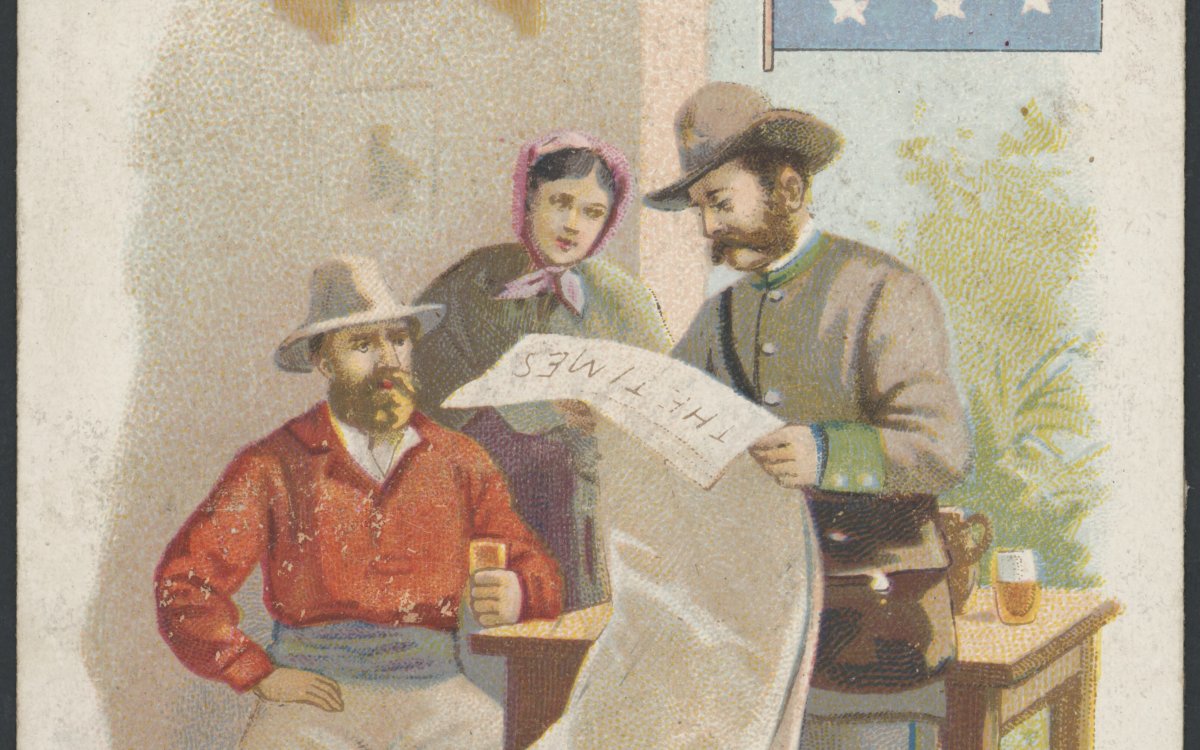 A postcard with a drawing of a man reading an Australian newspaper with a man and a woman sitting at a table behind him.