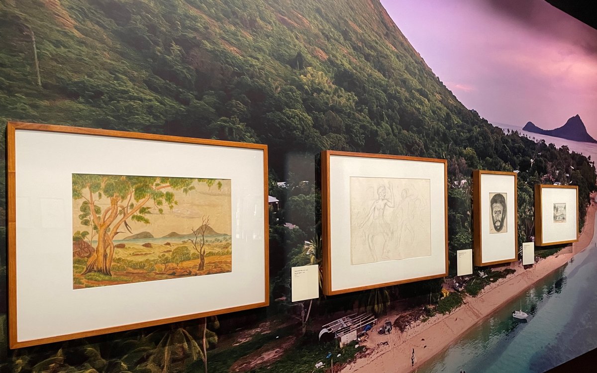 Four framed pictures hanging on a wall that has an image of an island on it.