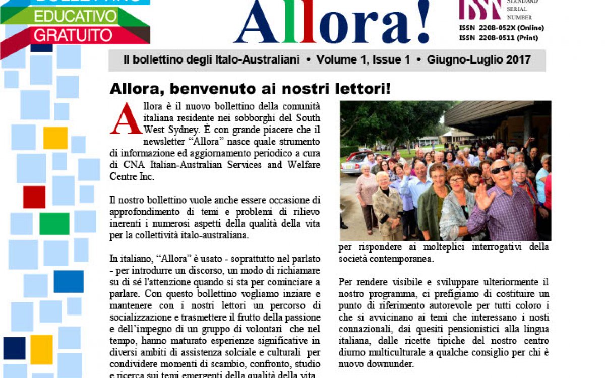 Front page of anewspaper with the title 'Allora!' in blue green and red. The newspaper is an Autralian-Italian publication.