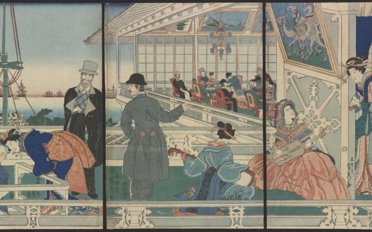 A Japanese print depicting some scenes where Western, Japanese and Chinese people interacting at a trading house for foreigners in foreign settlement quarters in Yokohama; some foreigners in another room at the back seem to eat together at a table and converse.