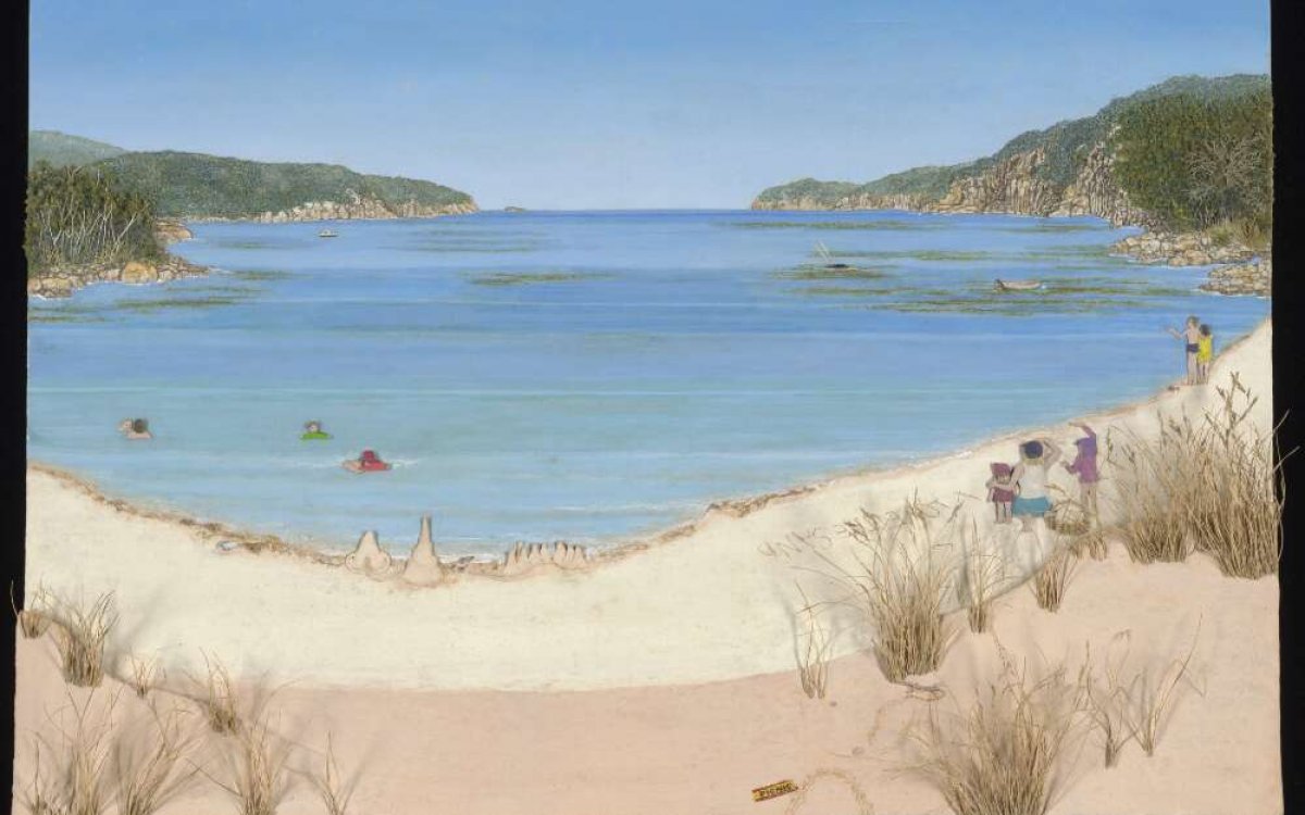 Image of Fortescue Bay at high tide with figures of people.