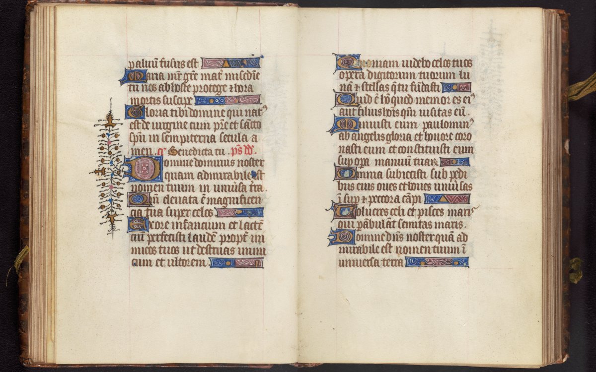 A composite image of a very old illuminated book. The left page is decorated and colourful. A large illuminated "D" is decorated with plants.. The right page is text written in black and red