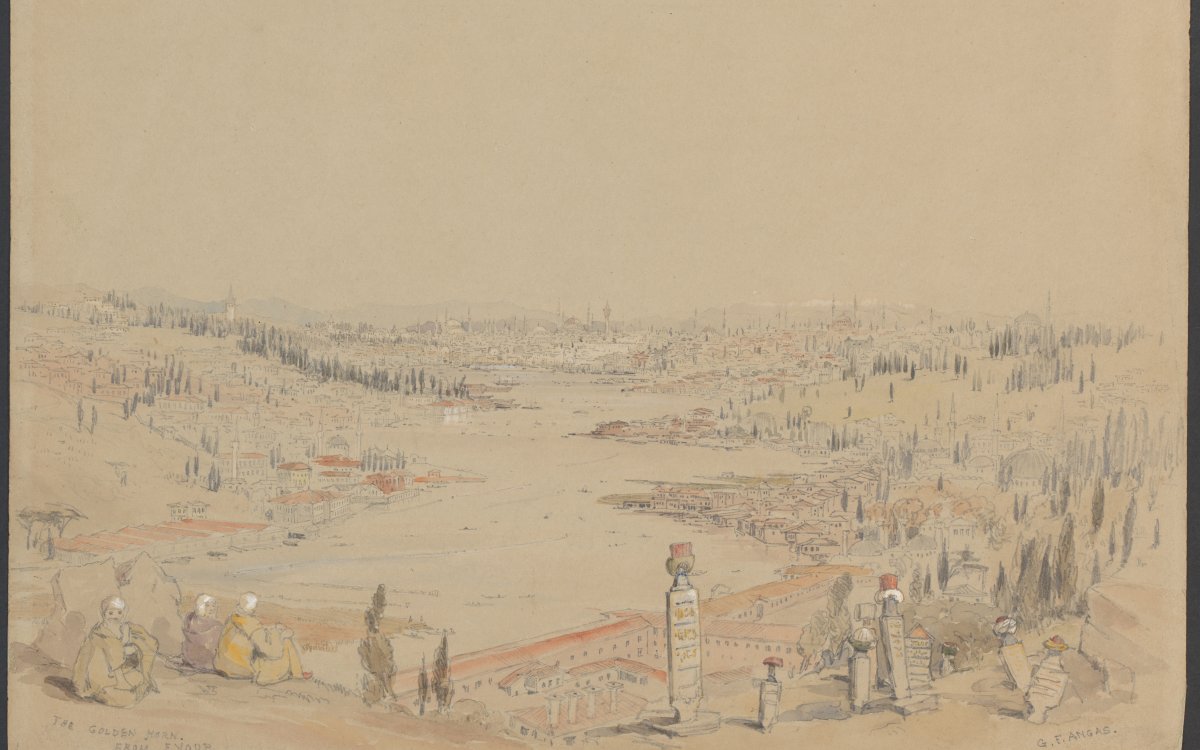 A sketch in pastels showing a wide angled landscape of Constantinople. In the foreground, three people sit on a cliff overlooking the Golden Horn. Buildings, trees and hills can be seen stretching to the horizon. In the far distance, the skyline of Constantinople can be seen.