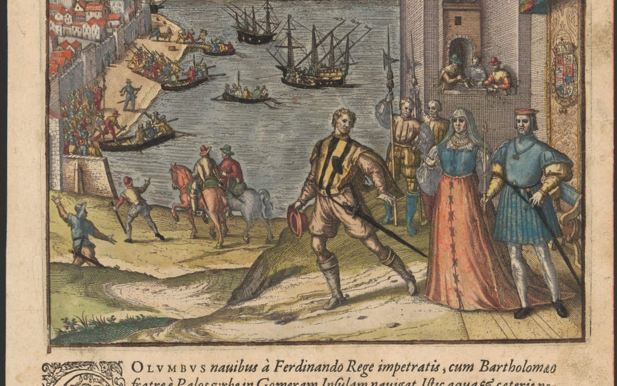A handpainted print of a scene showing many people standing near a bay. On the bay are ships. Three figures are prominent. One man is turned to walk towards the ships, the two other figures stand near the entrance to a palace. Below the scene is text in Latin explaining the scene.