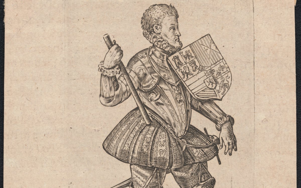 A print of a man wearing medieval clothes and armour. He has a small shield on his arm baring a coat of arms. He is holding a baton. Below his image are words in Italian: "Filippo III, Passo in questo mentre alla Corona..."
