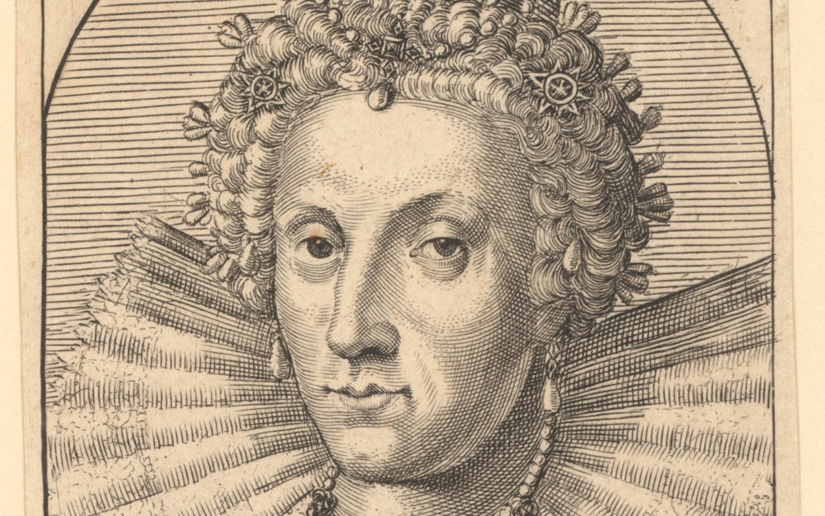 A print of a woman within an oval frame. She is wearing an elaborate ruffled collar and dress. She is wearing a crown. Below her portrait are words in Latin: "Elizabetha, D.G. Anglie, Francia, et Hibernie, Regina