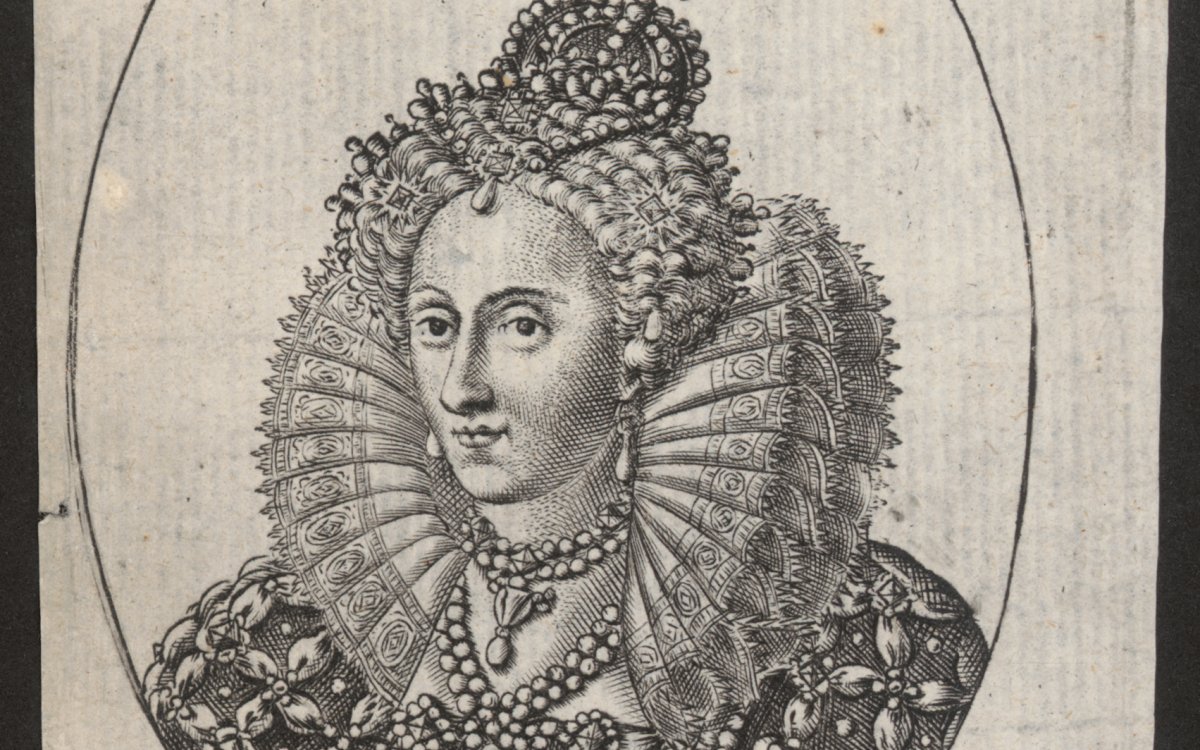 A print of a woman within an oval frame. She is wearing an elaborate ruffled collar and dress. She is wearing a crown. Below her portrait are words in Latin: "Elizabetha D.G. Regina Ang: Fran: et Hib.