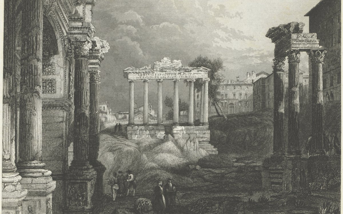 A lithograph print showing Roman ruins. People are walking around in the grounds of a ruined forum.