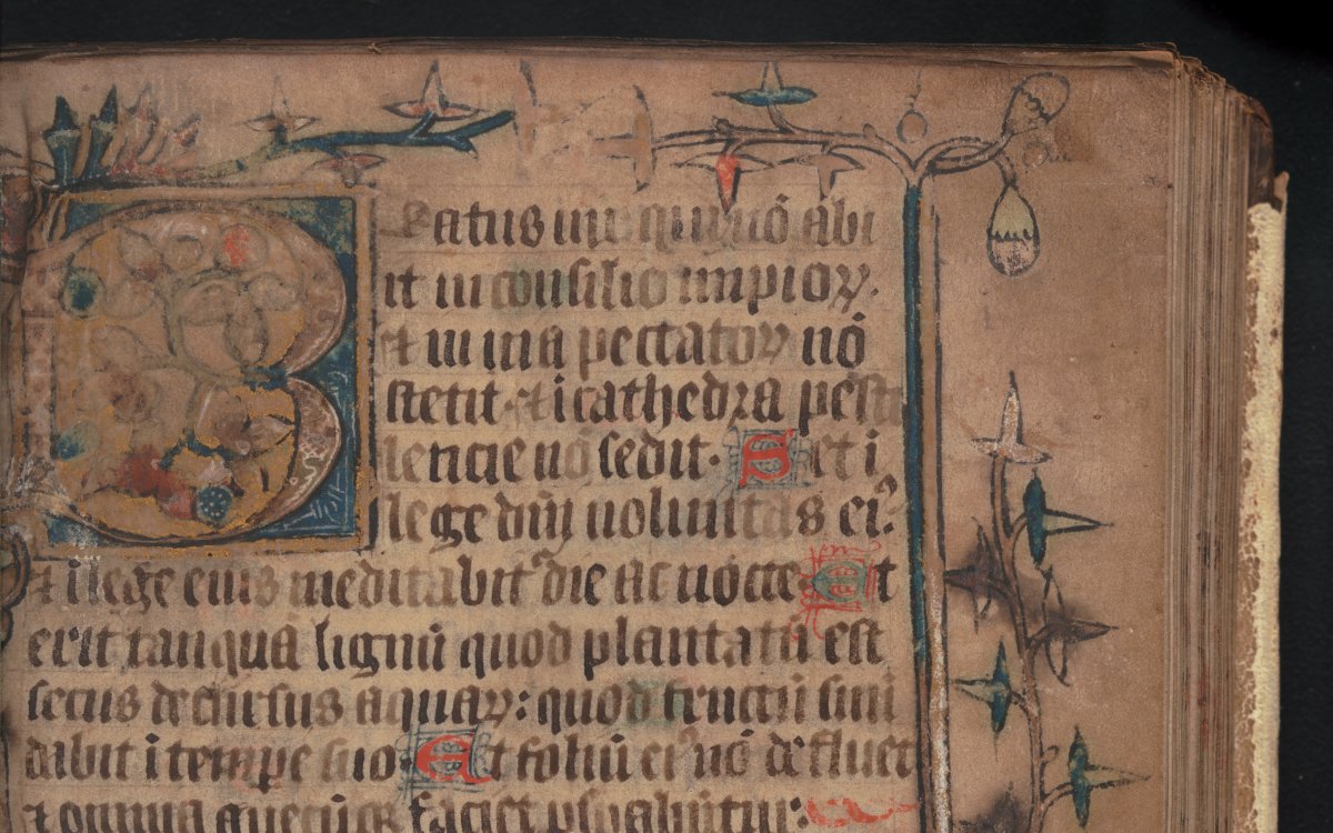 A very old document. It is handwritten. The text is in Latin and is written in black. The page is illuminated with stylised plants and vines. The first letter on the page is a "B". It is large and highly decorated.
