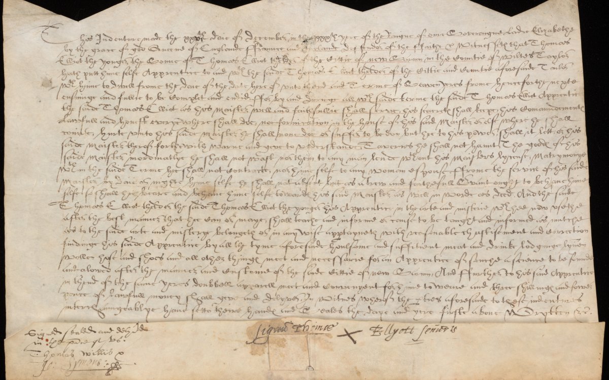 A handwritten contract. The top edge of the document is cut in a zig-zag manner. The bottom edge is folded once. In the middle of the bottom edge the remnants of a strip of paper are still attached. It is ripped close to the bottom edge of the main page.