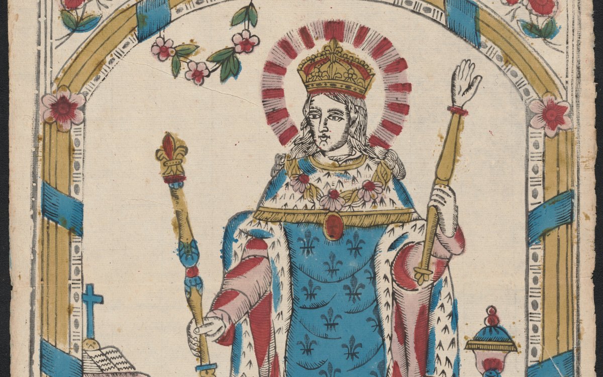 A handpainted print of a man. He is wearing a crown and holding two sceptres. He has long flowing robes. Below him are words in French: "Saint Louis Roy de France"