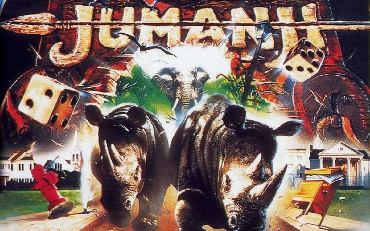 A section of the movie poster for the 1995 film Jumanji showing 2 rhinos, and elephant and 2 dice exploding out of a boardgame.