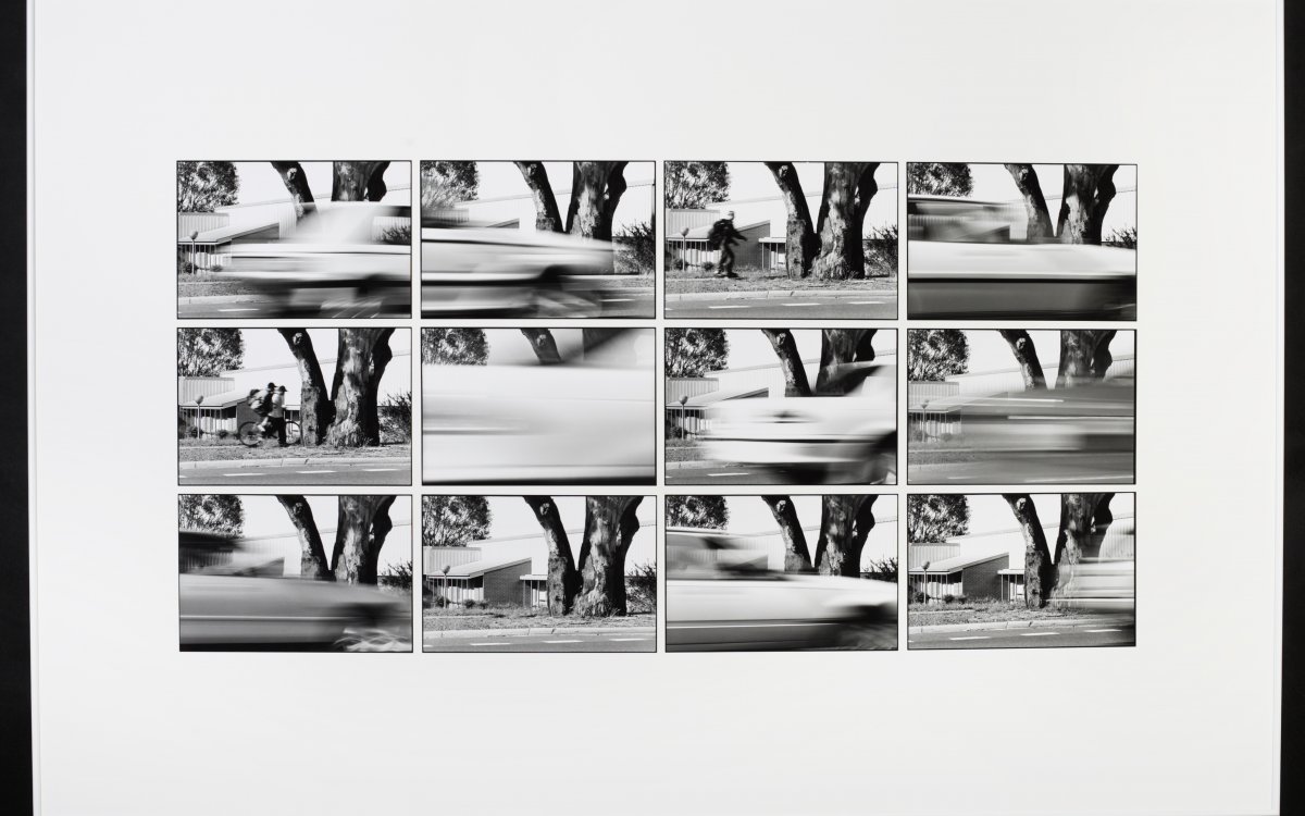 A pictorial artwork of 12 black and white photos showing the blurred image of a car speeding past a house and very large old tree.