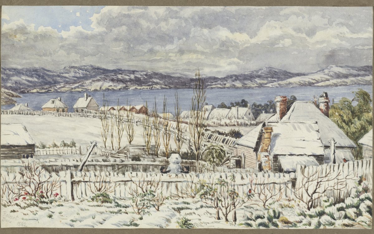 Image of a colour sketch of a heavily snow covered town of Hobart houses with water and mountains in the background in 1882