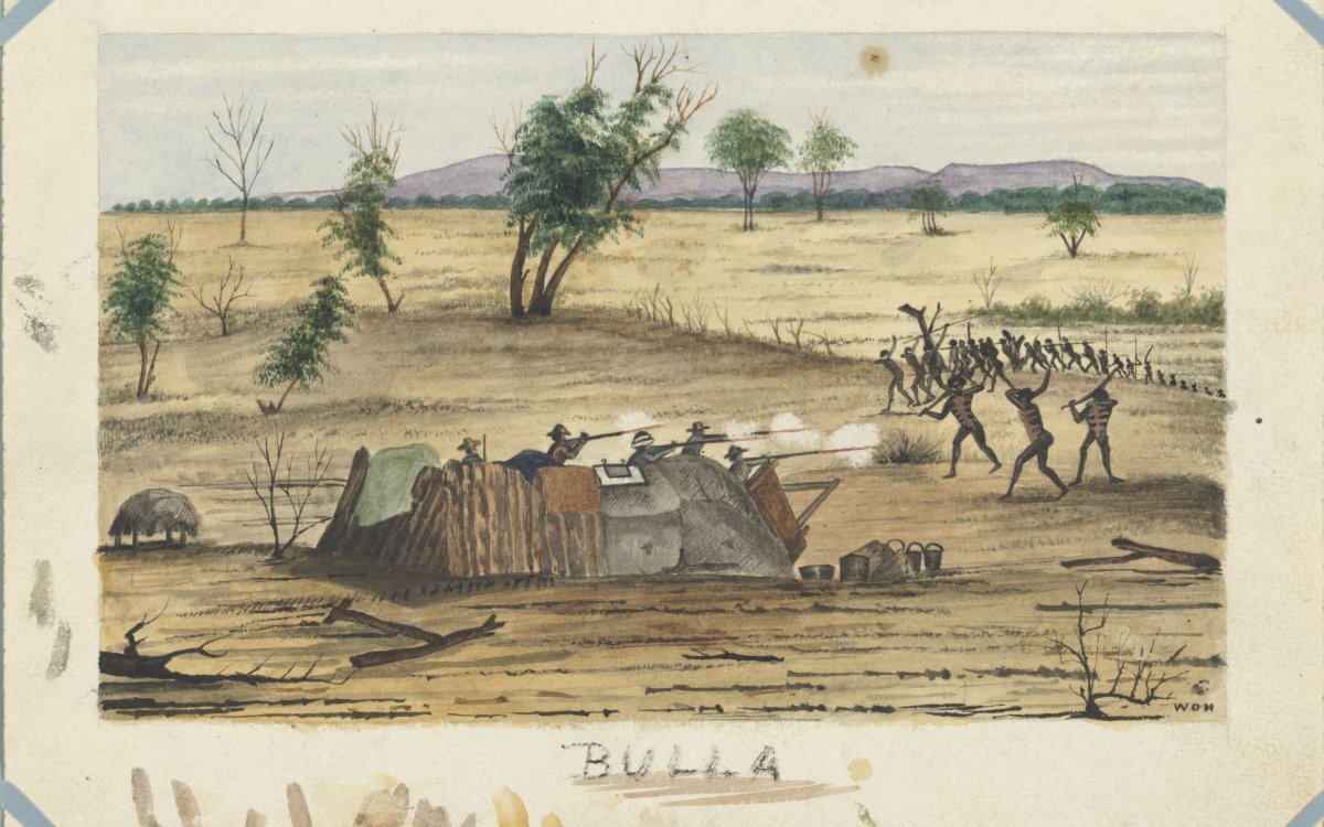 A water colour painting of men firing rifles from a tent at a tribe of First Australians on an outback plain.
