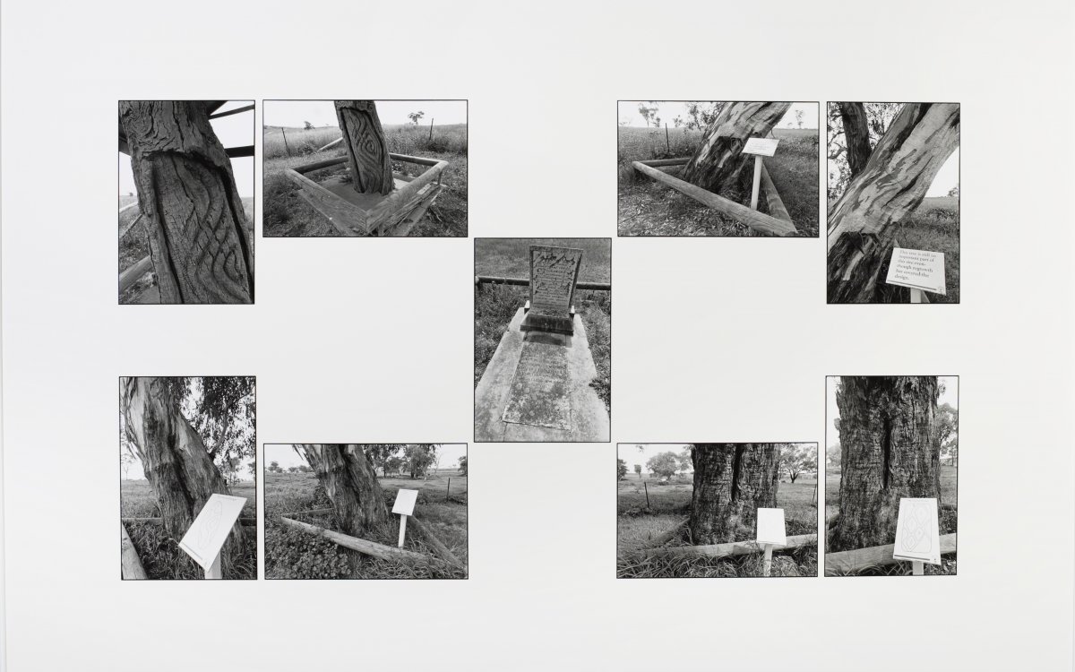 Nine black and white photos of a grave and carved trees arranged as a pictorial collage.