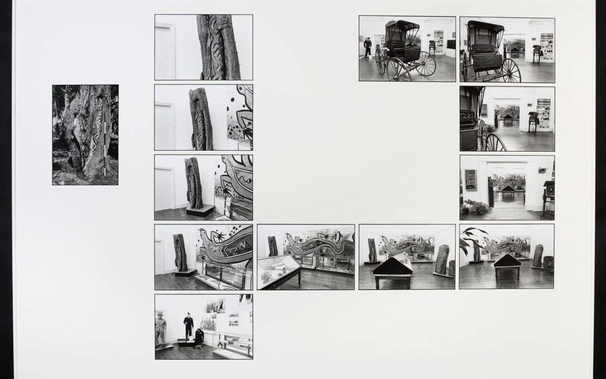 A pictorial collage of 13 black and white photos showing carved trees at an exhibition.