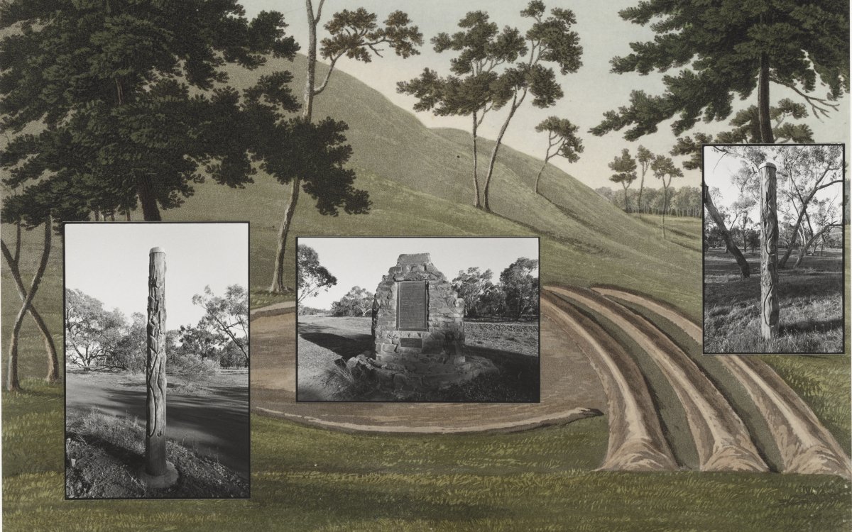 A watercolour painting showing rolling green hills, a few trees and a traditional Aboriginal Australian burial mound with 3 dirt furrows, and 3 different black and white photos laid over the scene. The photo of the Oxley monument is laid over the burial mound and to either side are photos laid over the two largest trees, showing tall, Aboriginal Australian carved stumps with metal caps on them. 
