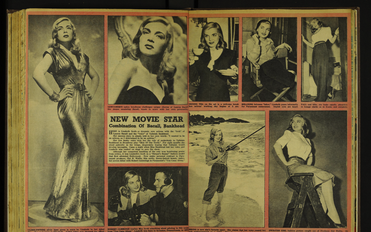 A double page spread of a magazine showing several sepia images of Lizabeth Scott - Hollywood actress