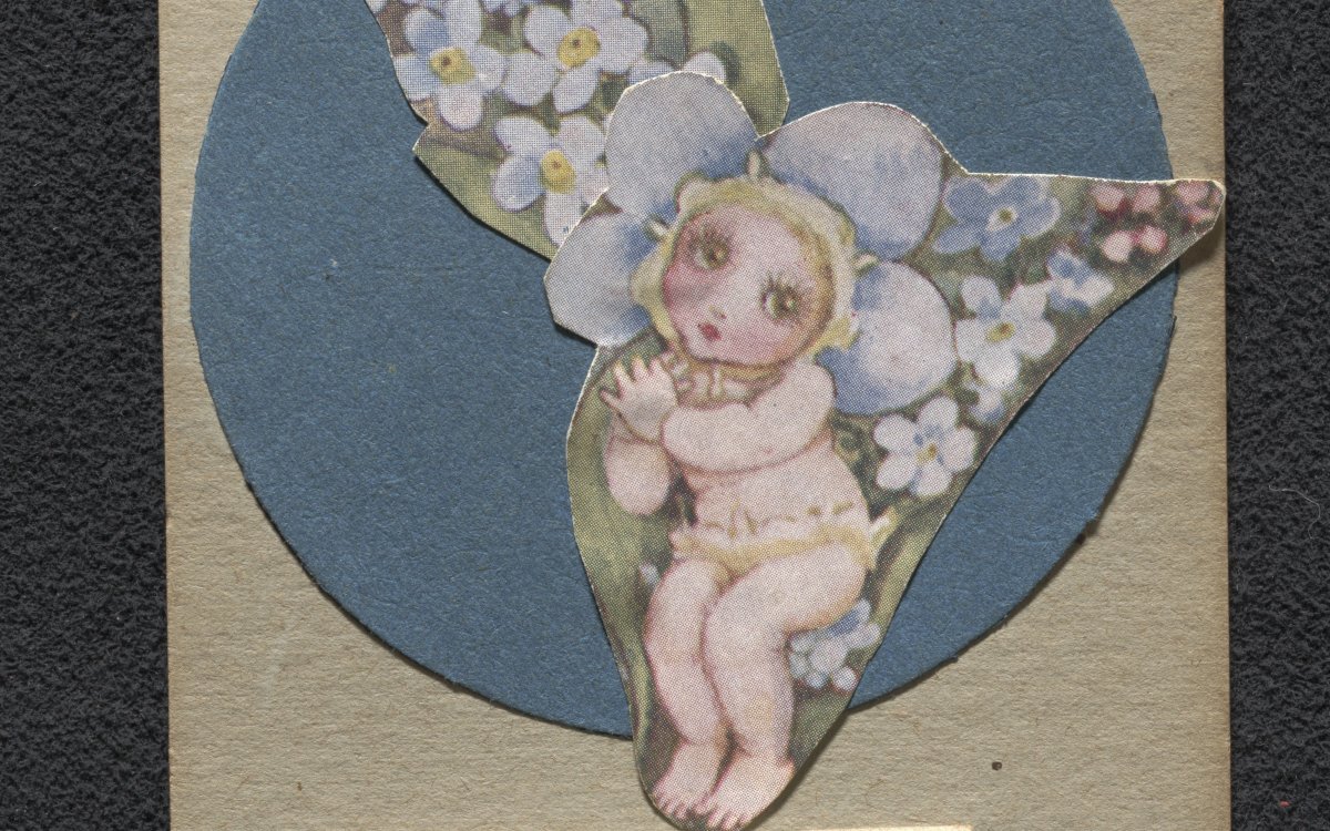 Image of a calendar featuring Gumnut baby amongst forget-me-nots