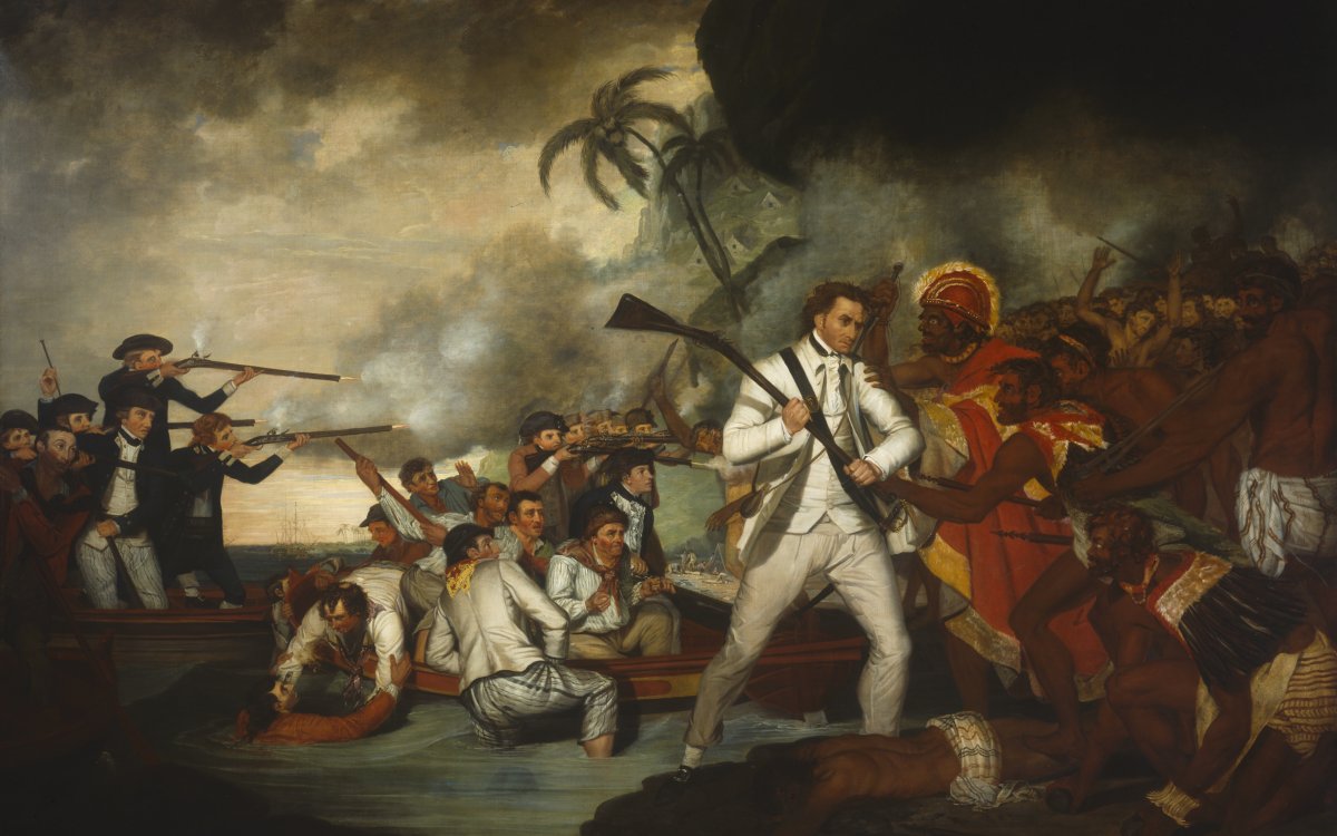 A large oil painting showing a skirmish between two sides. There are sailors wielding guns and the inhabitants of the island on which the conflict is happening wielding clubs and spears