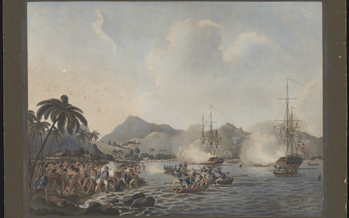 A painting showing conflict between two sides. The conflict is near a beach there are boats on fire in the bay