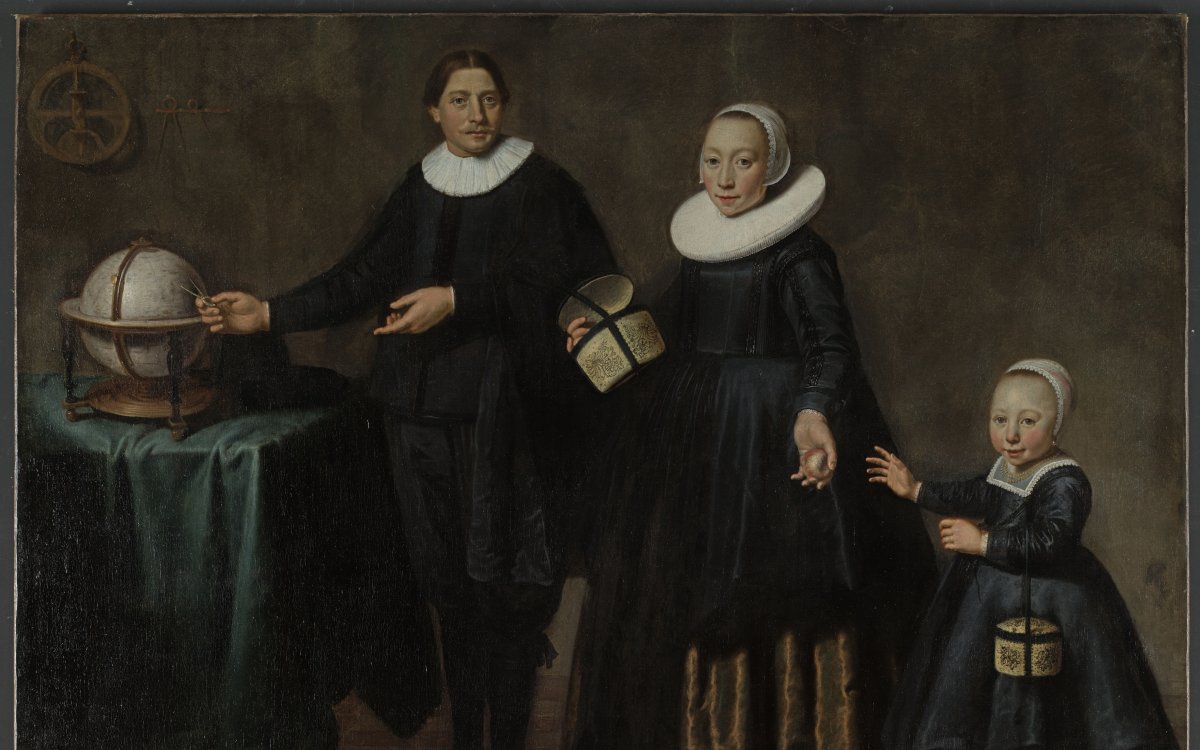 Painting of Abel Tasman, his wife and daughter, standing by a globe