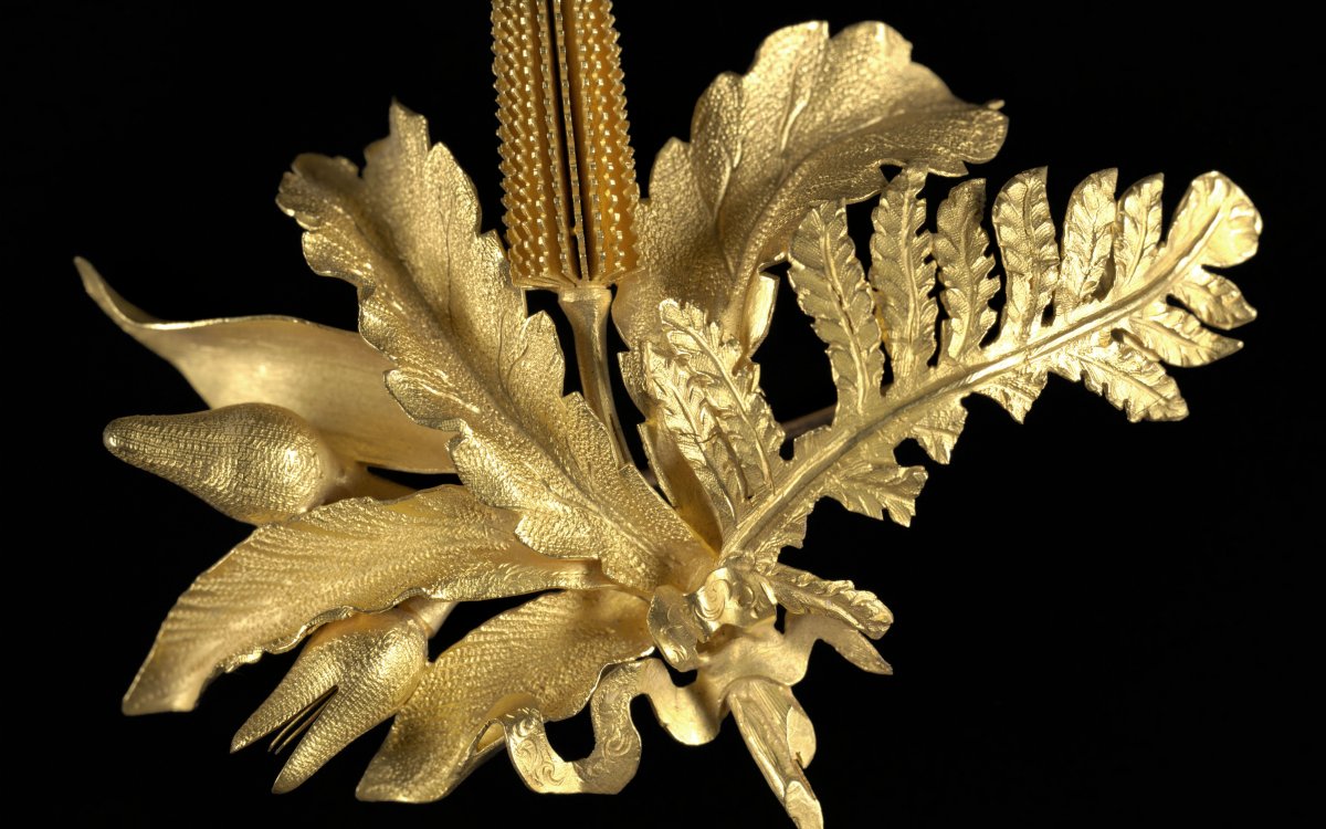Image of a golden brooch of native Australian leaves and flowers