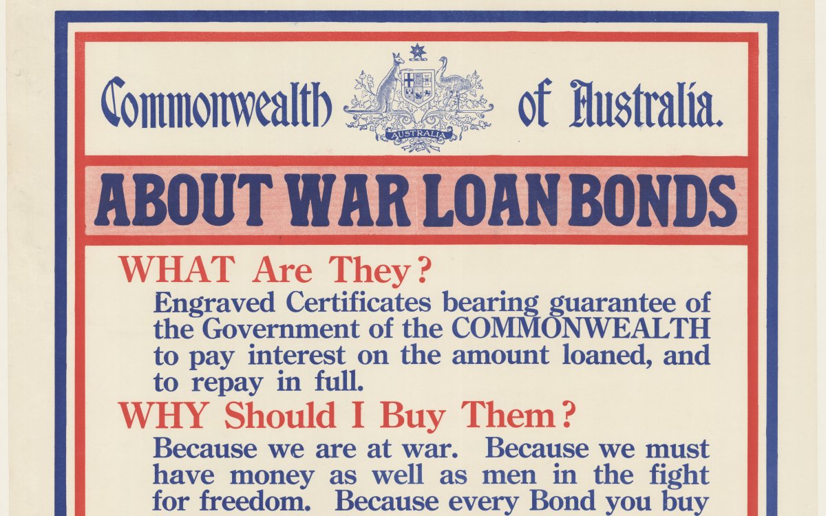 A red, white and blue poster. At the top of the poster is the Australian coat of arms with the words "Commonwealth of Australia" and a large headline saying "ABOUT WAR LOAN BONDS". At the bottom of the poster is another large headline that says "BUY YOUR BONDS TODAY"