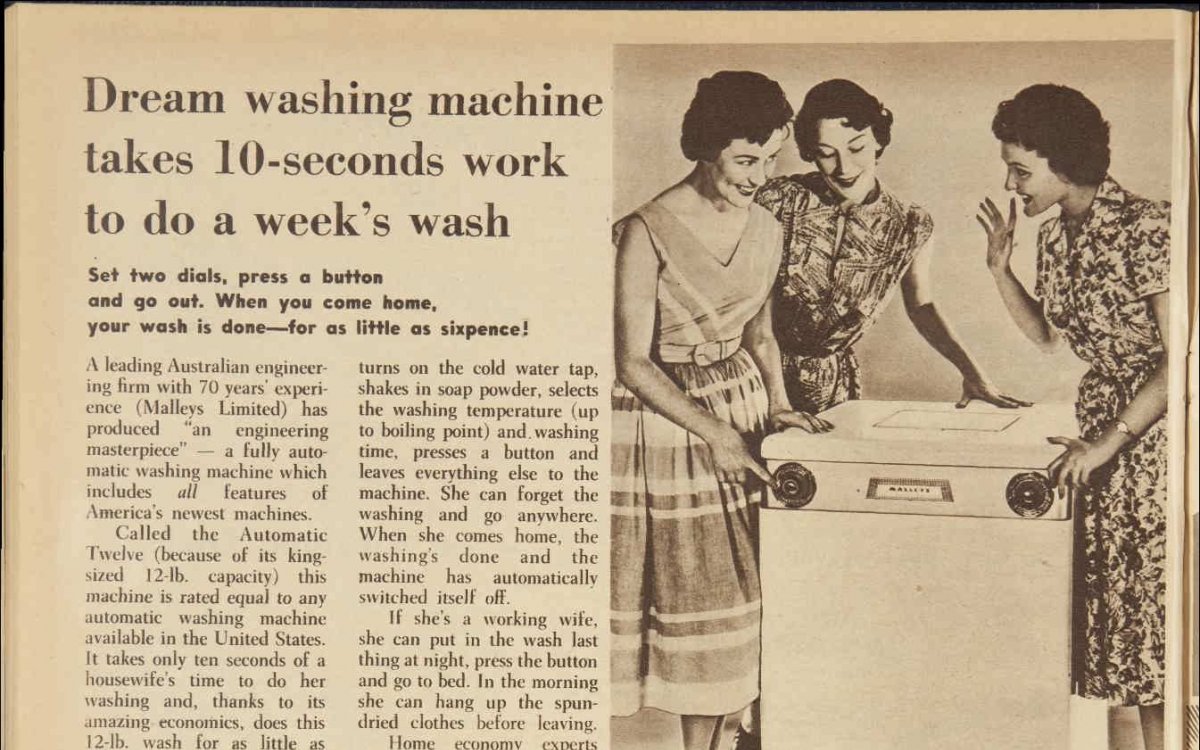 A sepia toned newspaper page. It is an advertisement for a new washing machine. The main image shows three women standing around the appliance smiling. The main headline reads "DREAM WASHING MACHING TAKES 10-SECONDS WORK TO DO A WEEK'S WASH"