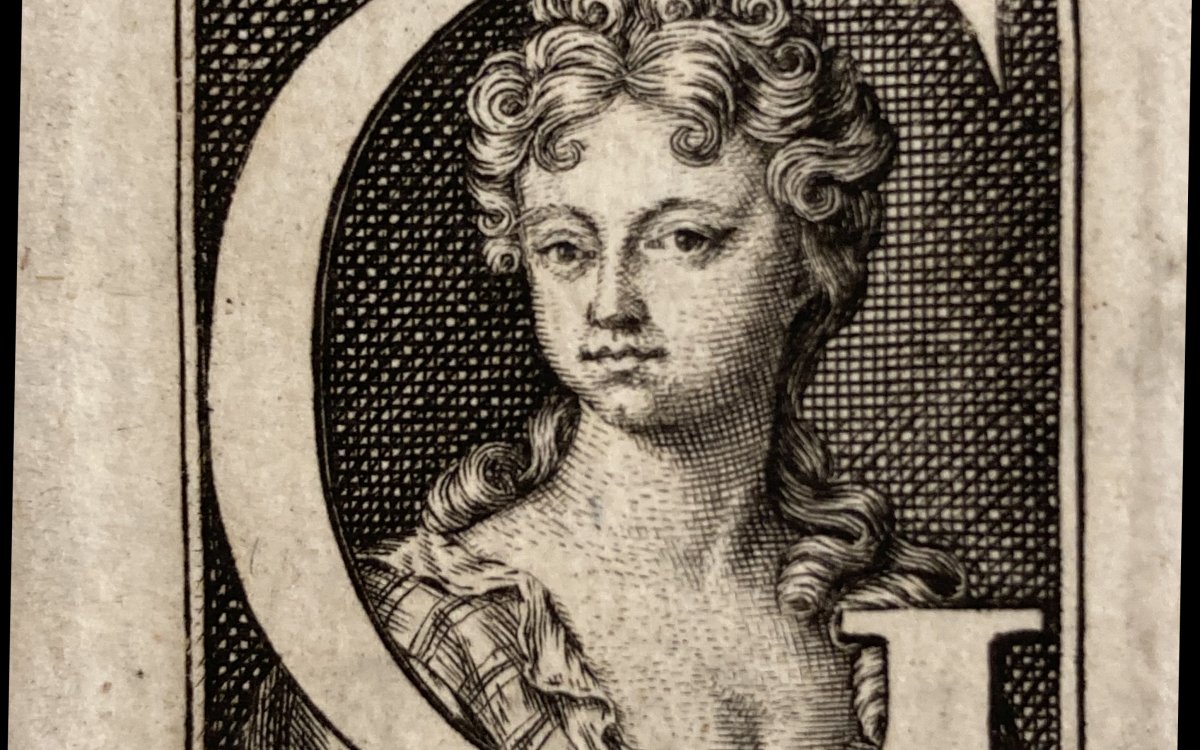 An engraved portrait of an 18th-century woman, within a letter 'G': Elizabeth Elstob..