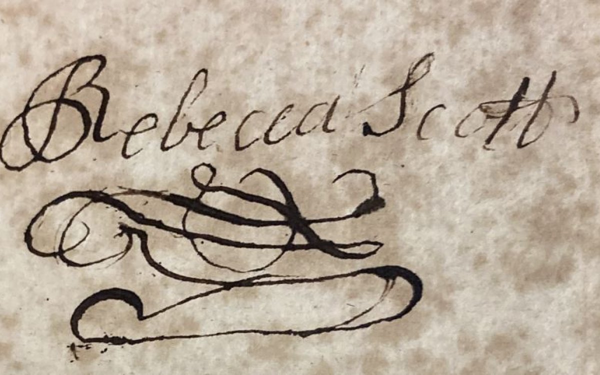 An ink inscription of a woman's name on an endpaper of Sarah Fielding's David Simple