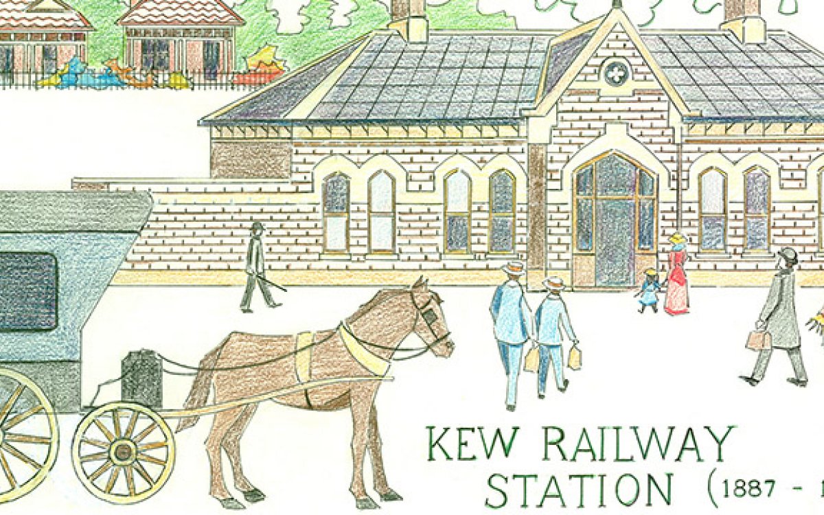 A pen and pencil embroidery template of Kew Railway Station (1887-1958)