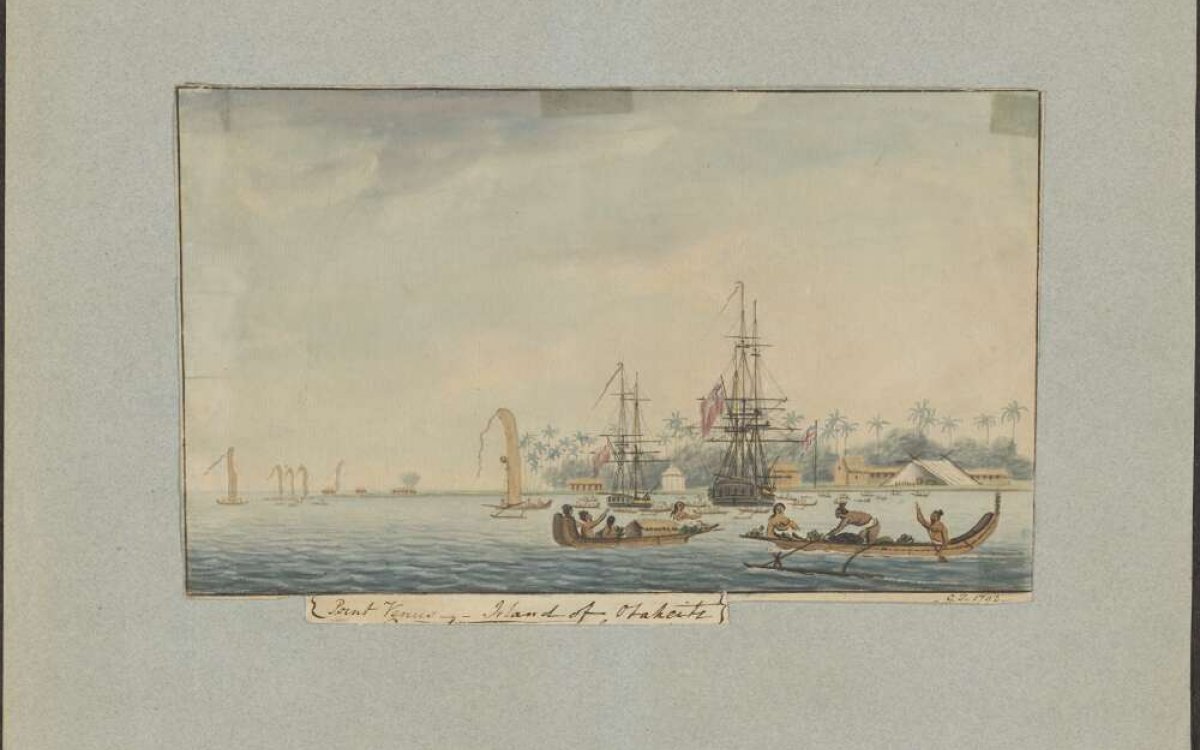 painting of two ships in the background with two canoes in the foreground
