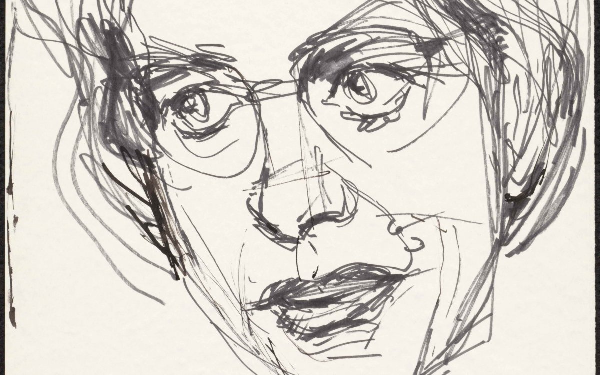 A black and white rough sketch portrait of a middle aged woman wearing fine rimmed glasses with short hair parted in the middle.