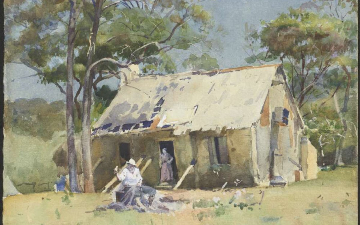 painting of small house in the Australian Bush