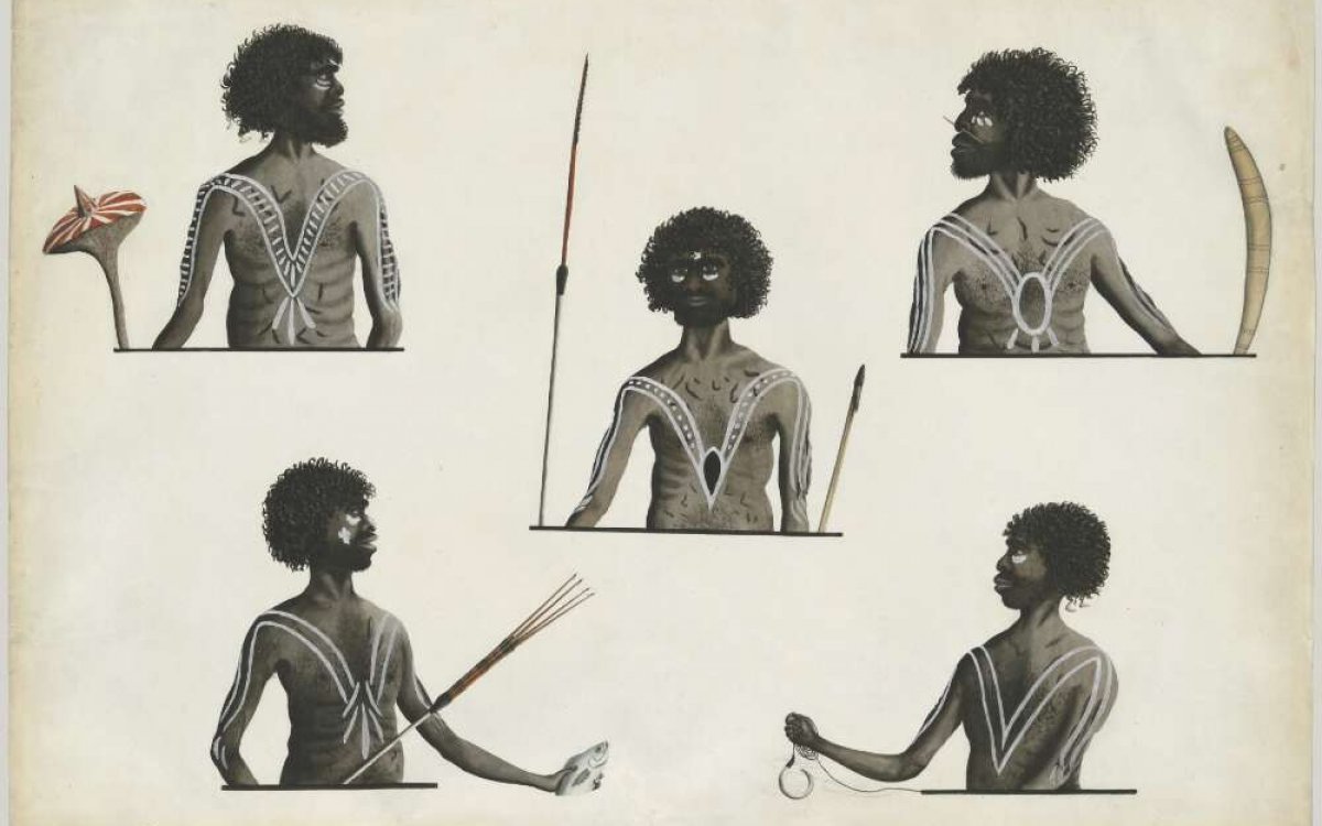 five paintings of an Aboriginal man with various tools